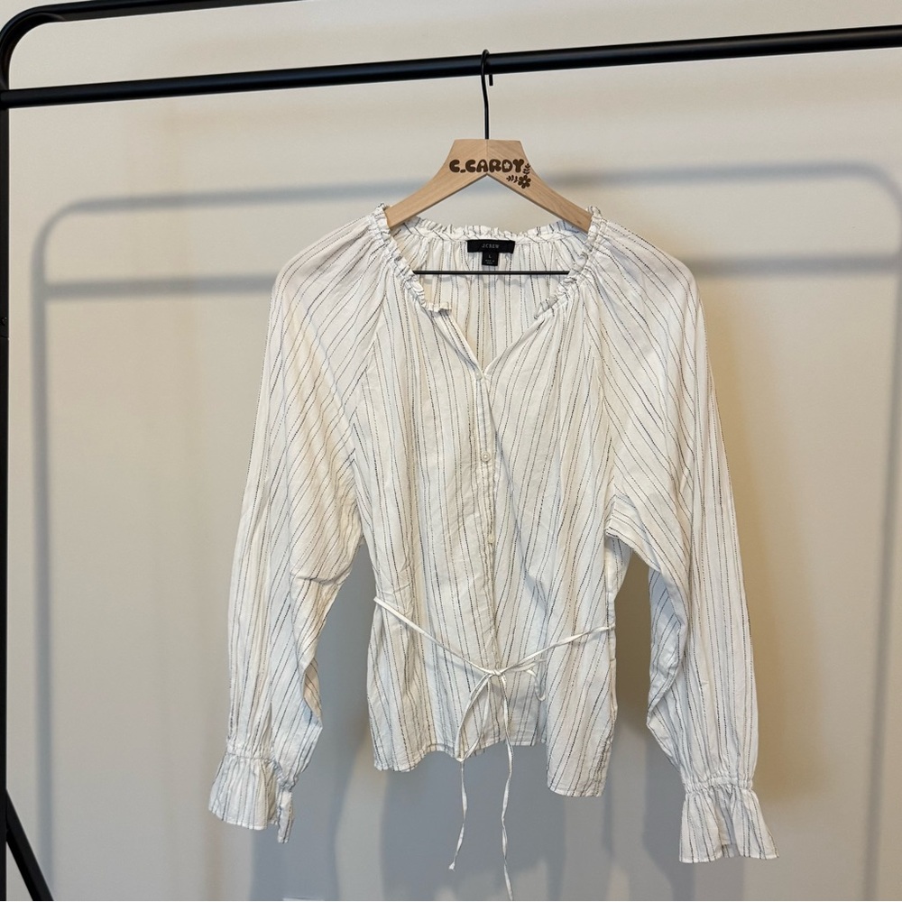 J.Crew Women Button-up tie-waist top in stripe Ivory 100% Cotton Style BG312